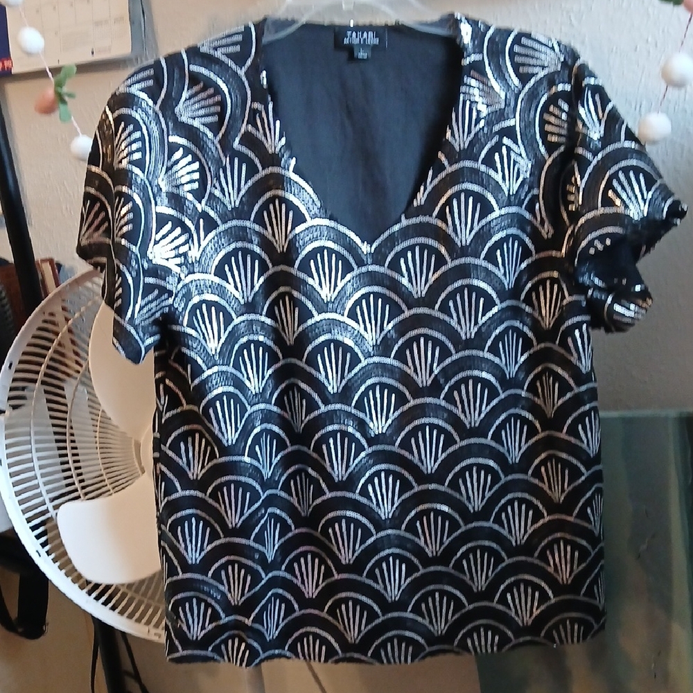 Tahari Black and Silver Art Deco Blouse